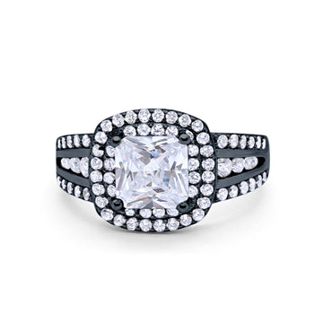Halo Wedding Ring Princess Black Tone, Simulated Cubic Zirconia 925 Sterling Silver